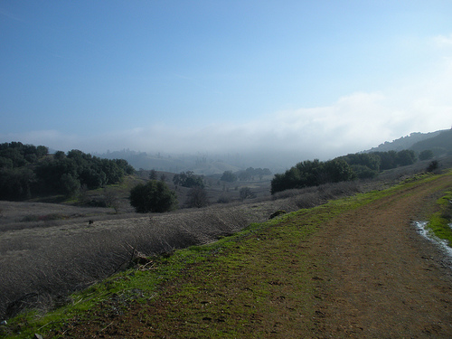 Hiking the Trail with Fog Over the River