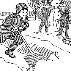 children shoveling snow and snowman