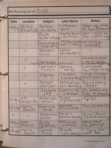 Bird List for Nature Journal