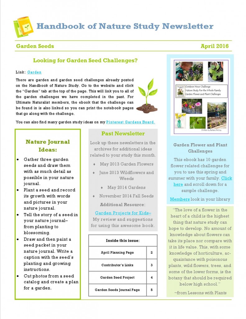 Handbook of Nature Study Newsletter April 2016 cover