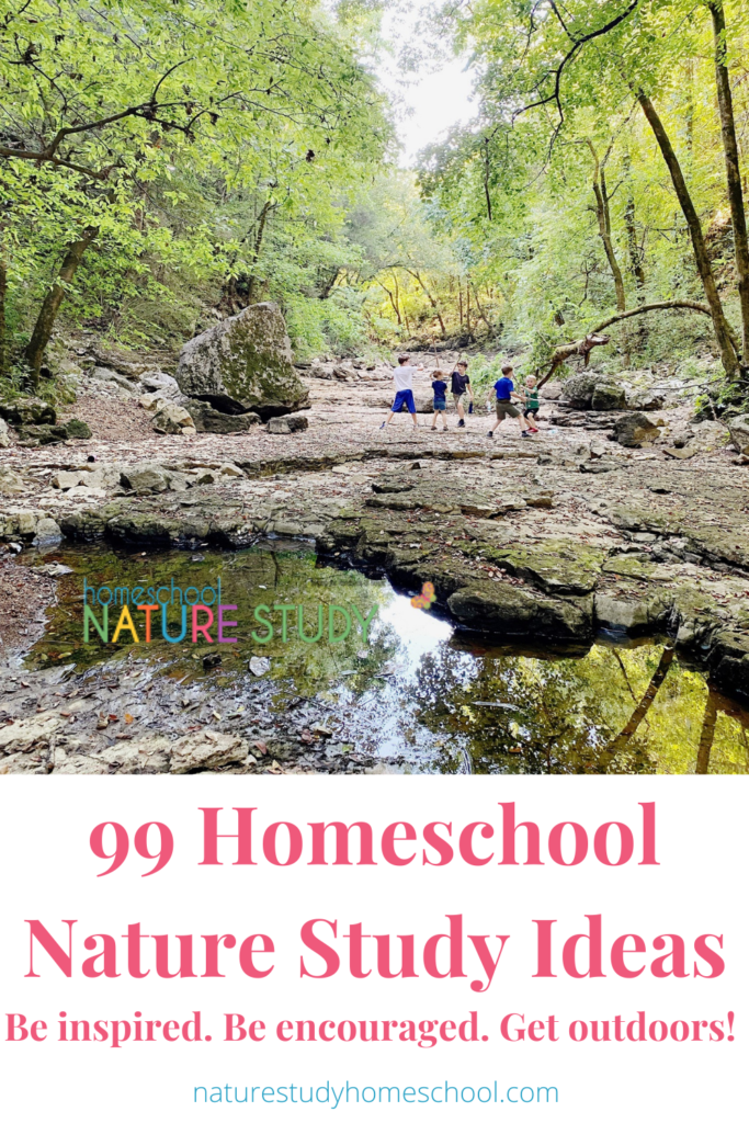 Be inspired with 99 homeschool nature study ideas and outdoors sorts of things! Make a list of your own and get outdoors!