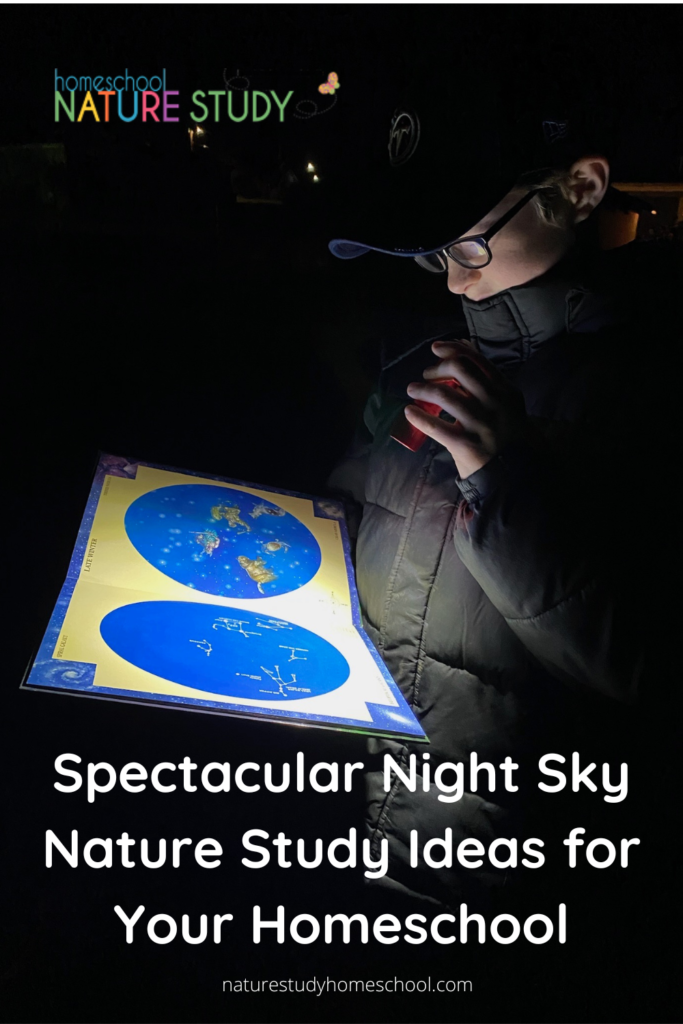 Take some time this next week to get outside at night and enjoy a beautiful night sky homeschool nature study. Allow plenty of time for your eyes to adjust to the darkness and just enjoy gazing up at the heavens. Use some of these suggestions to get started with some simple night sky observations.